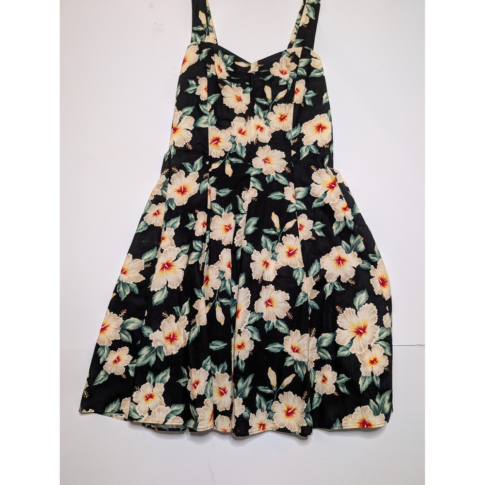 Royal Creations Hawaiian Dress Womens Large Black Floral Hibiscus Smocked Midi